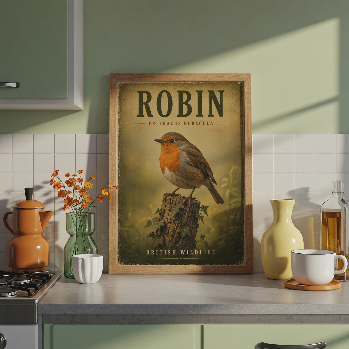 Robin Redbreast Vintage Wildlife Poster, British Bird Wall Art, Nature Print