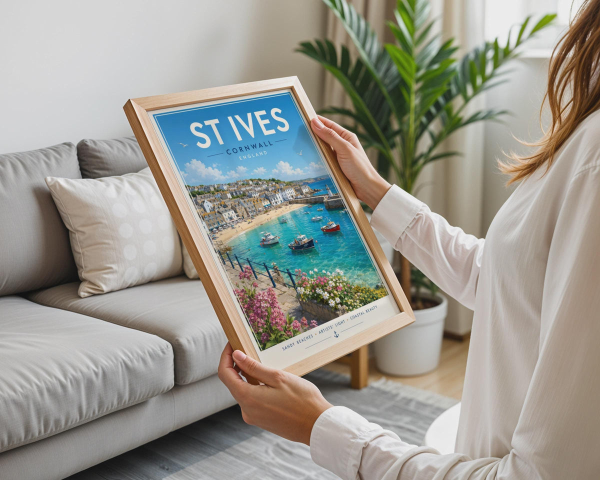 St Ives Cornwall Travel Poster, Retro Seaside Wall Art Print, Harbour Beach Decor