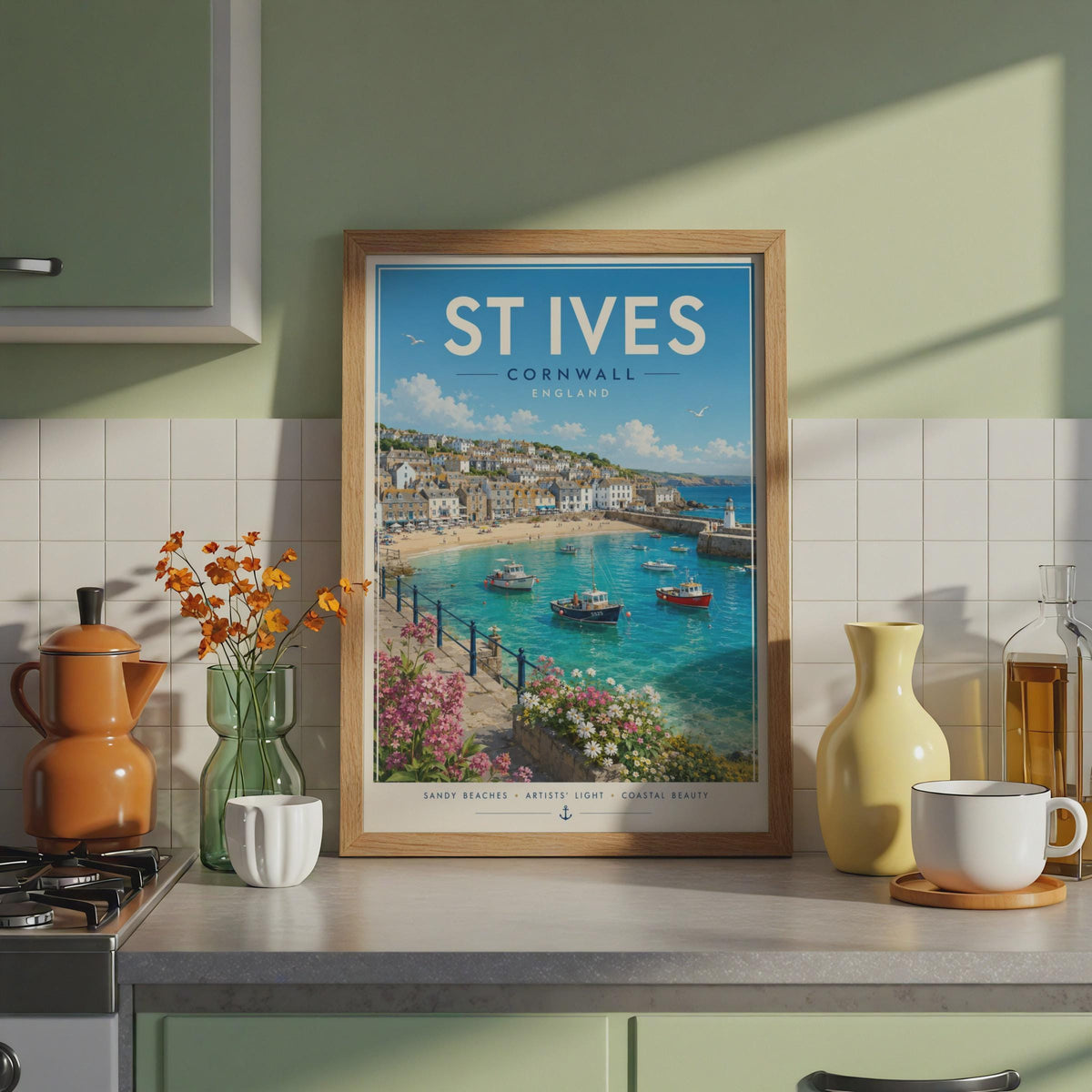 St Ives Cornwall Travel Poster, Retro Seaside Wall Art Print, Harbour Beach Decor