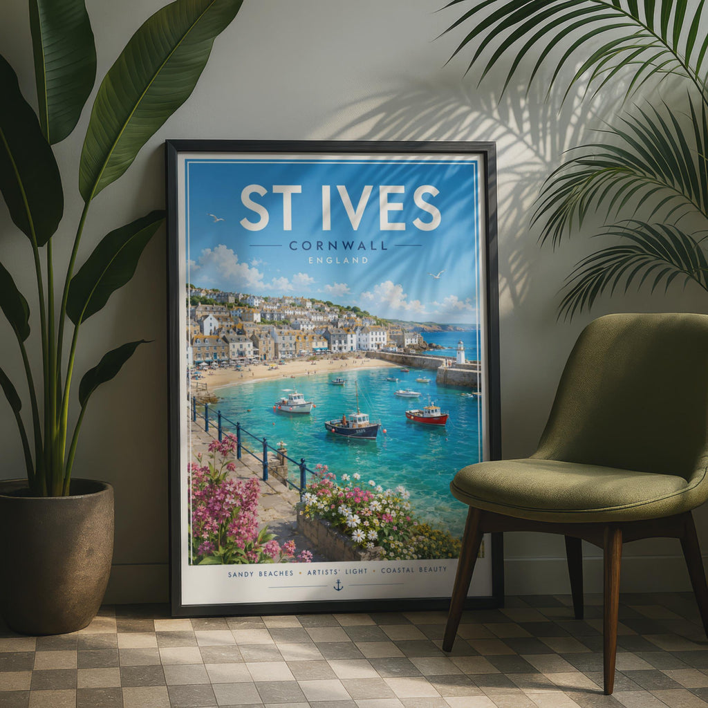 St Ives Cornwall Travel Poster, Retro Seaside Wall Art Print, Harbour Beach Decor