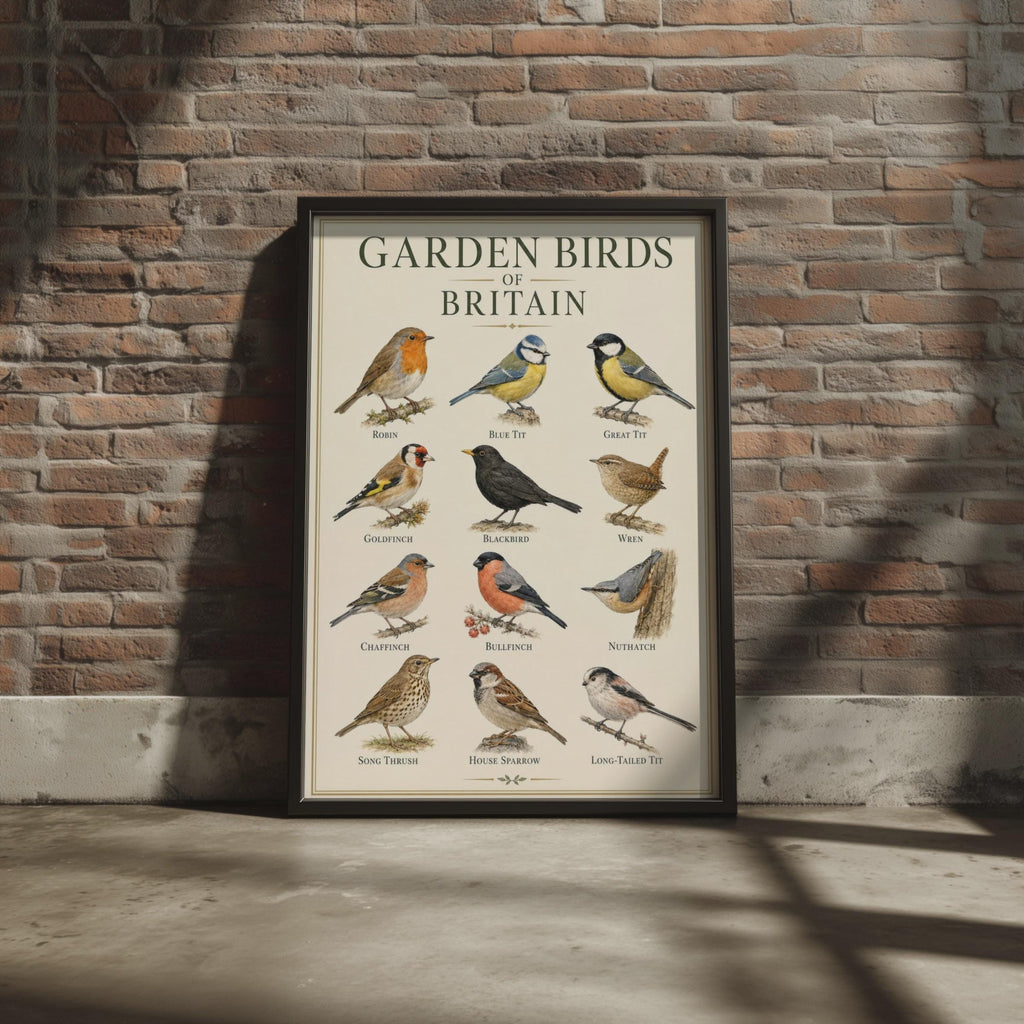 British Garden Birds Identification Chart, Wildlife Wall Art Print