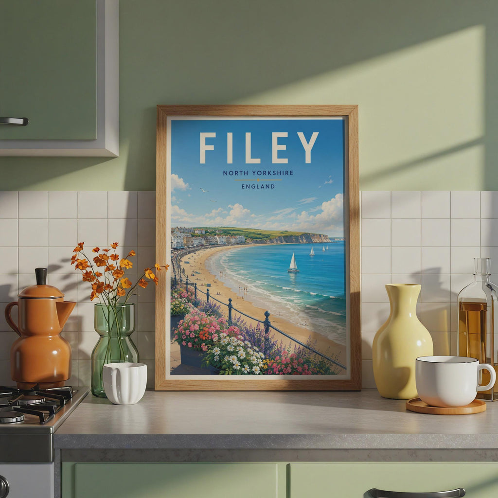 Filey North Yorkshire Seaside Travel Poster, Retro Coastal Beach Wall Art
