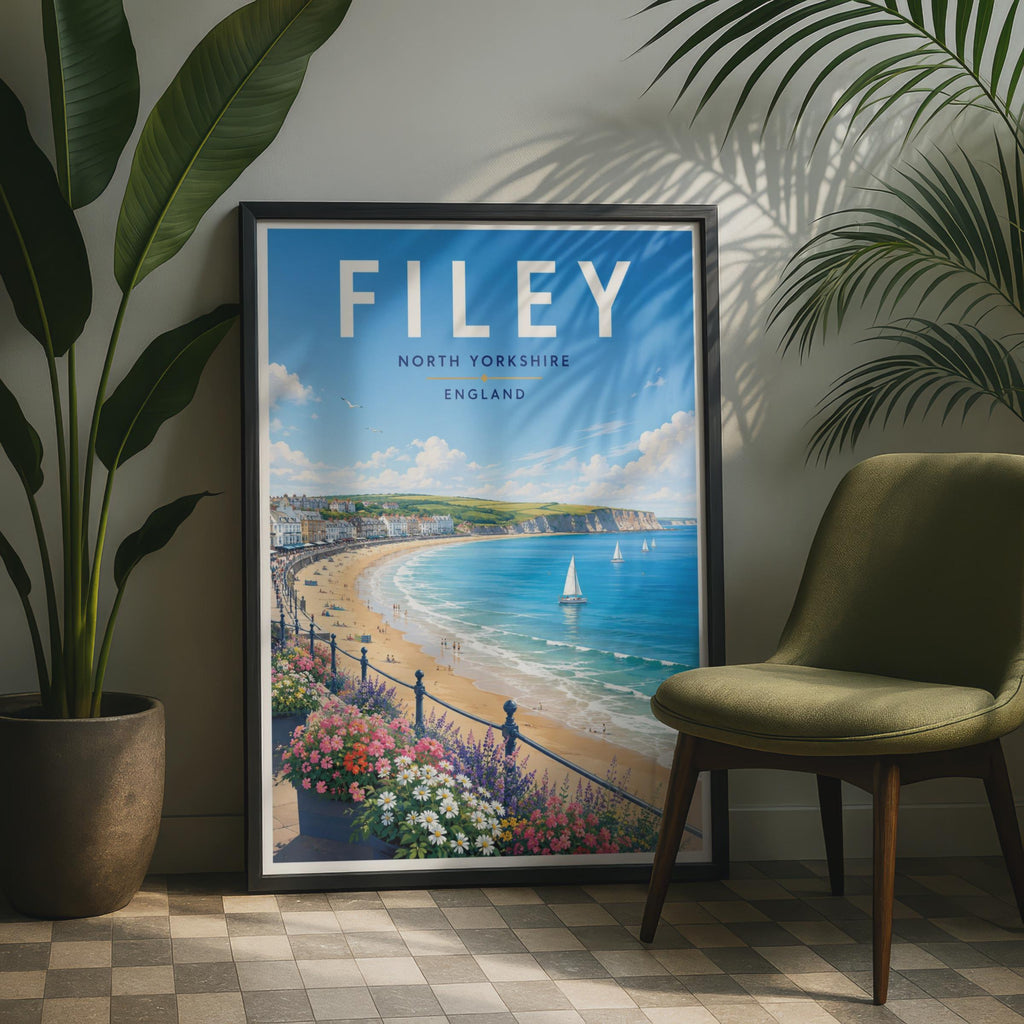 Filey North Yorkshire Seaside Travel Poster, Retro Coastal Beach Wall Art