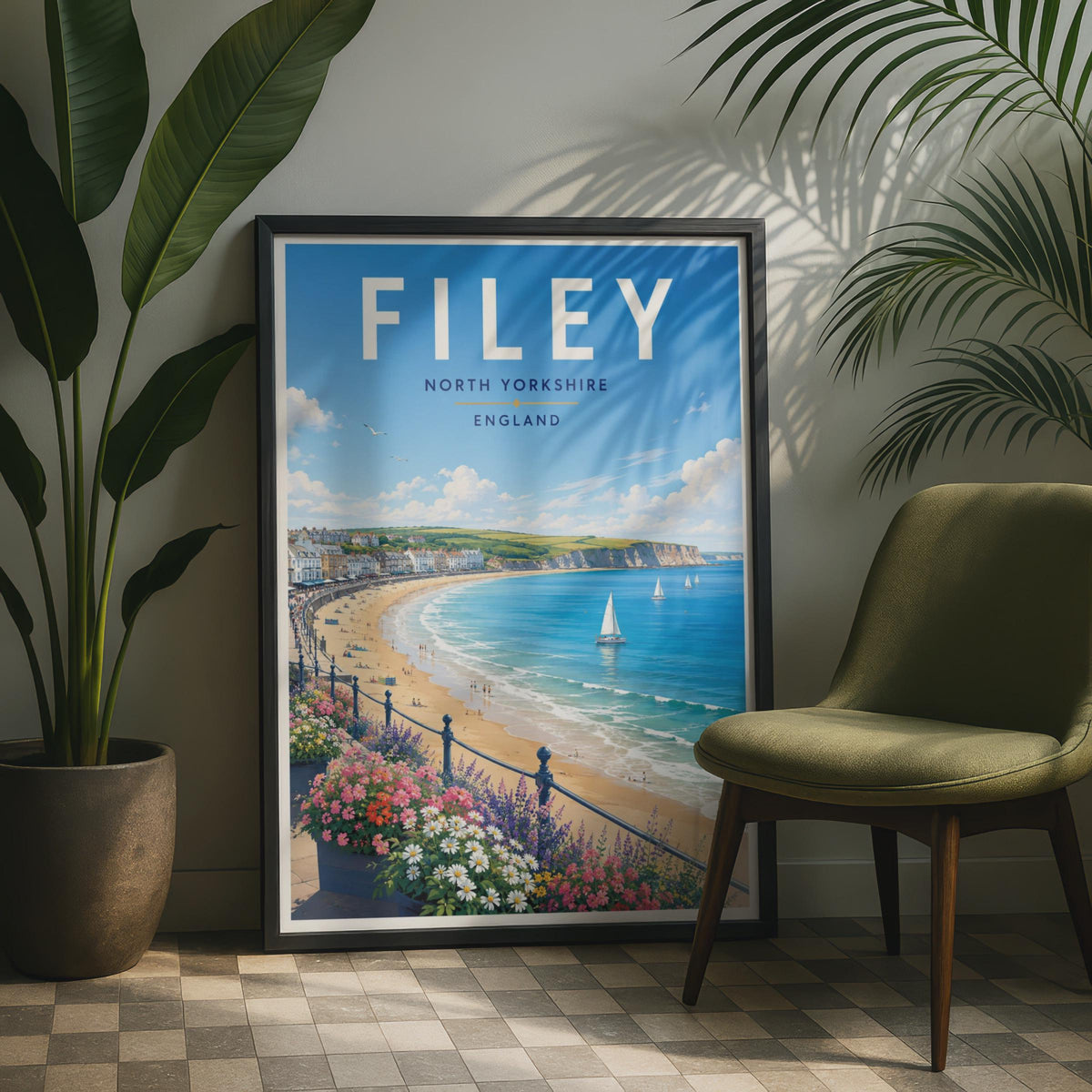 Filey North Yorkshire Seaside Travel Poster, Retro Coastal Beach Wall Art