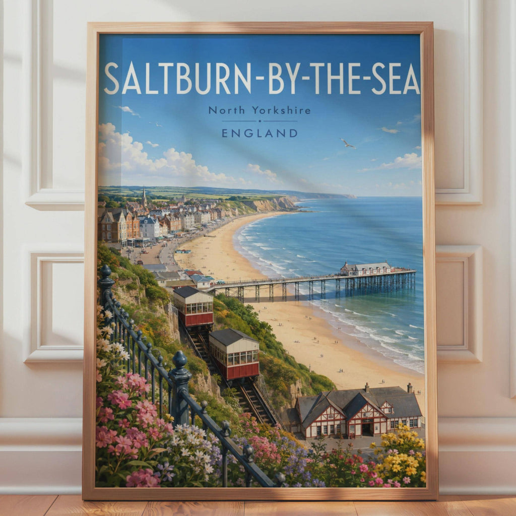 Saltburn-by-the-Sea Print, North Yorkshire Cliff Tramway, Retro Seaside Wall Art
