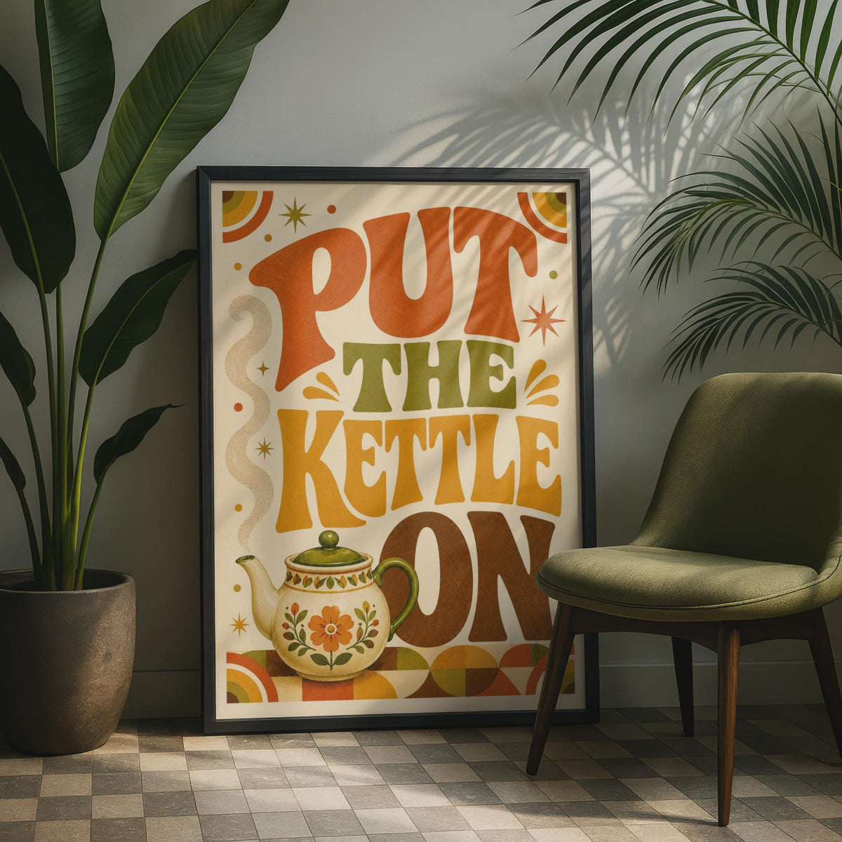 Retro Tea Poster, 70s Kitchen Wall Art, Groovy Typography Print, Boho Home Decor