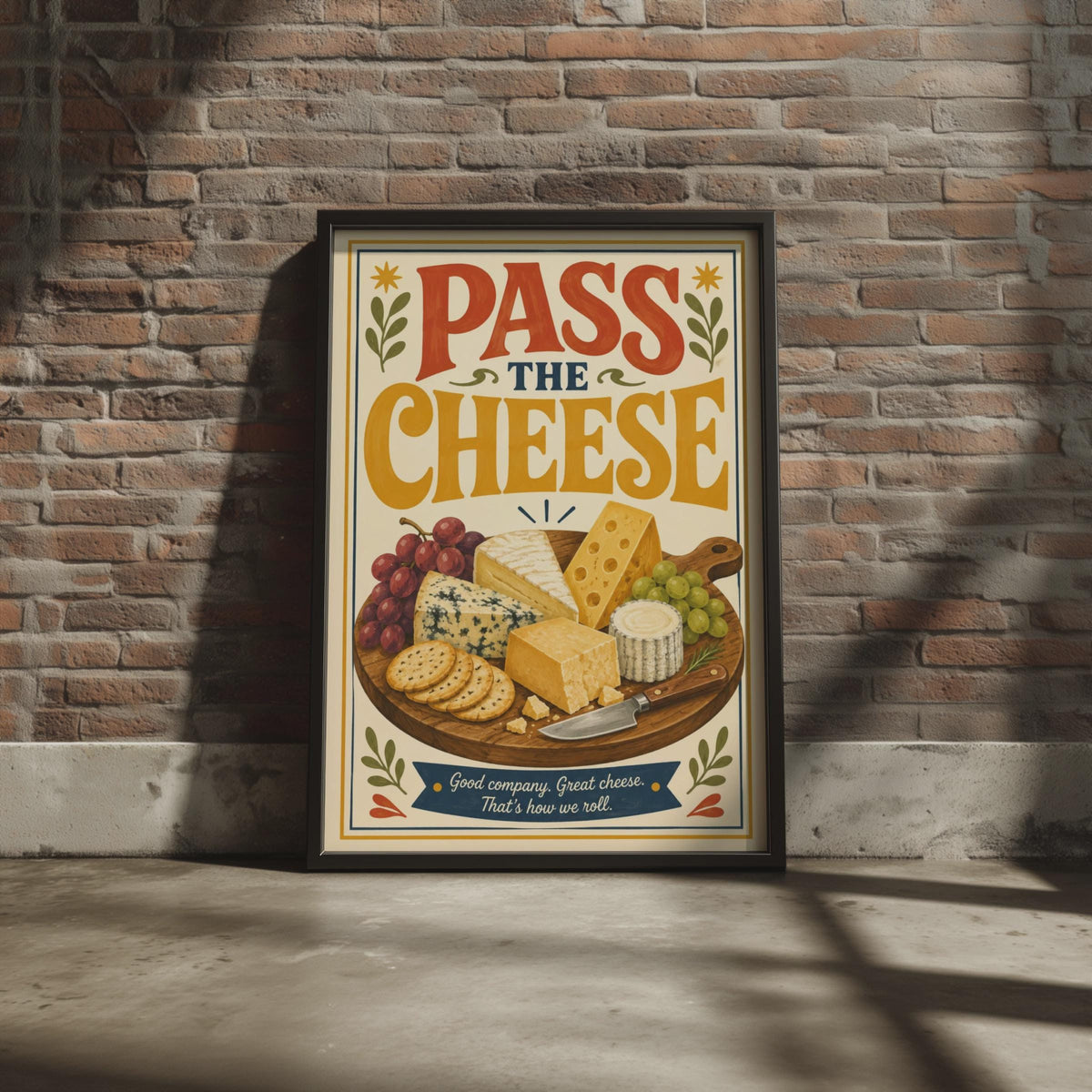 Pass The Cheese Retro Kitchen Print, Cheeseboard Charcuterie Art