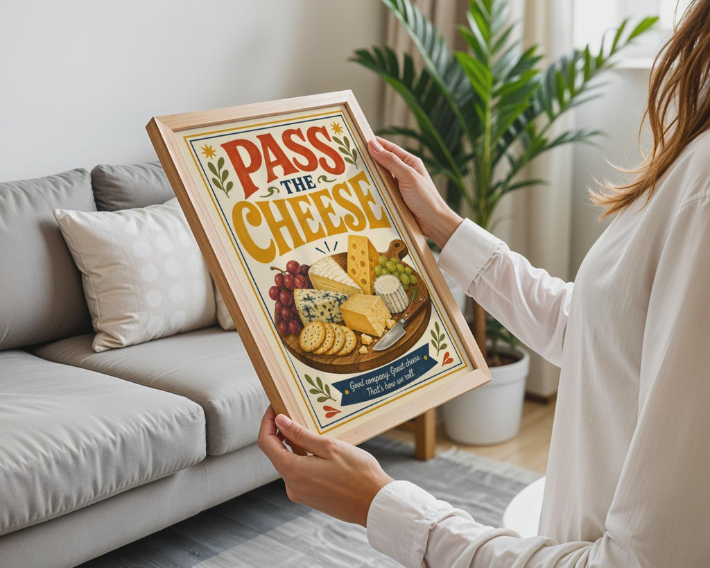 Pass The Cheese Retro Kitchen Print, Cheeseboard Charcuterie Art