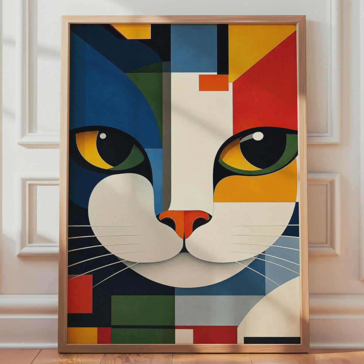 Abstract Cat Face Print, Geometric Bauhaus Wall Art, Mondrian Style Decor Print