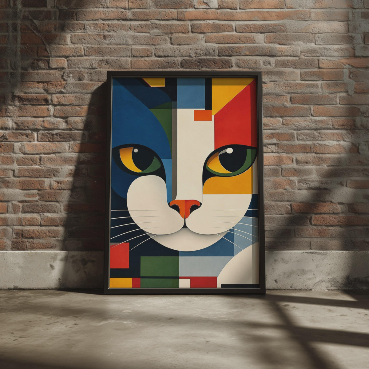 Abstract Cat Face Print, Geometric Bauhaus Wall Art, Mondrian Style Decor Print