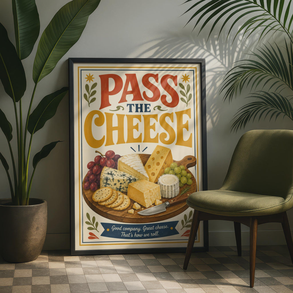 Pass The Cheese Retro Kitchen Print, Cheeseboard Charcuterie Art