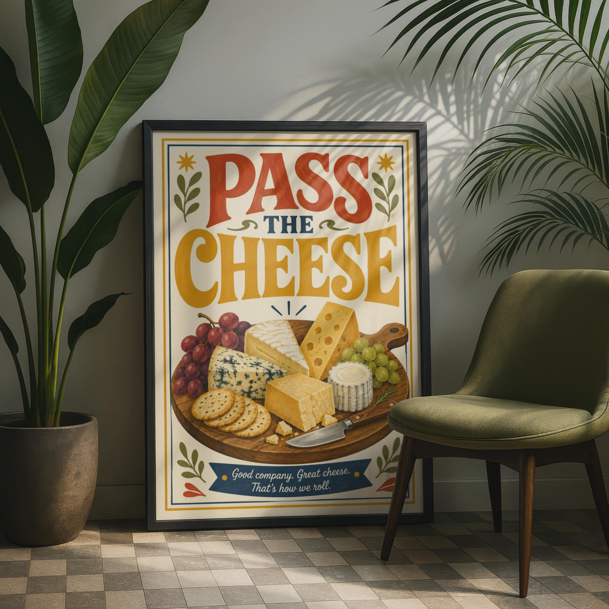 Pass The Cheese Retro Kitchen Print, Cheeseboard Charcuterie Art
