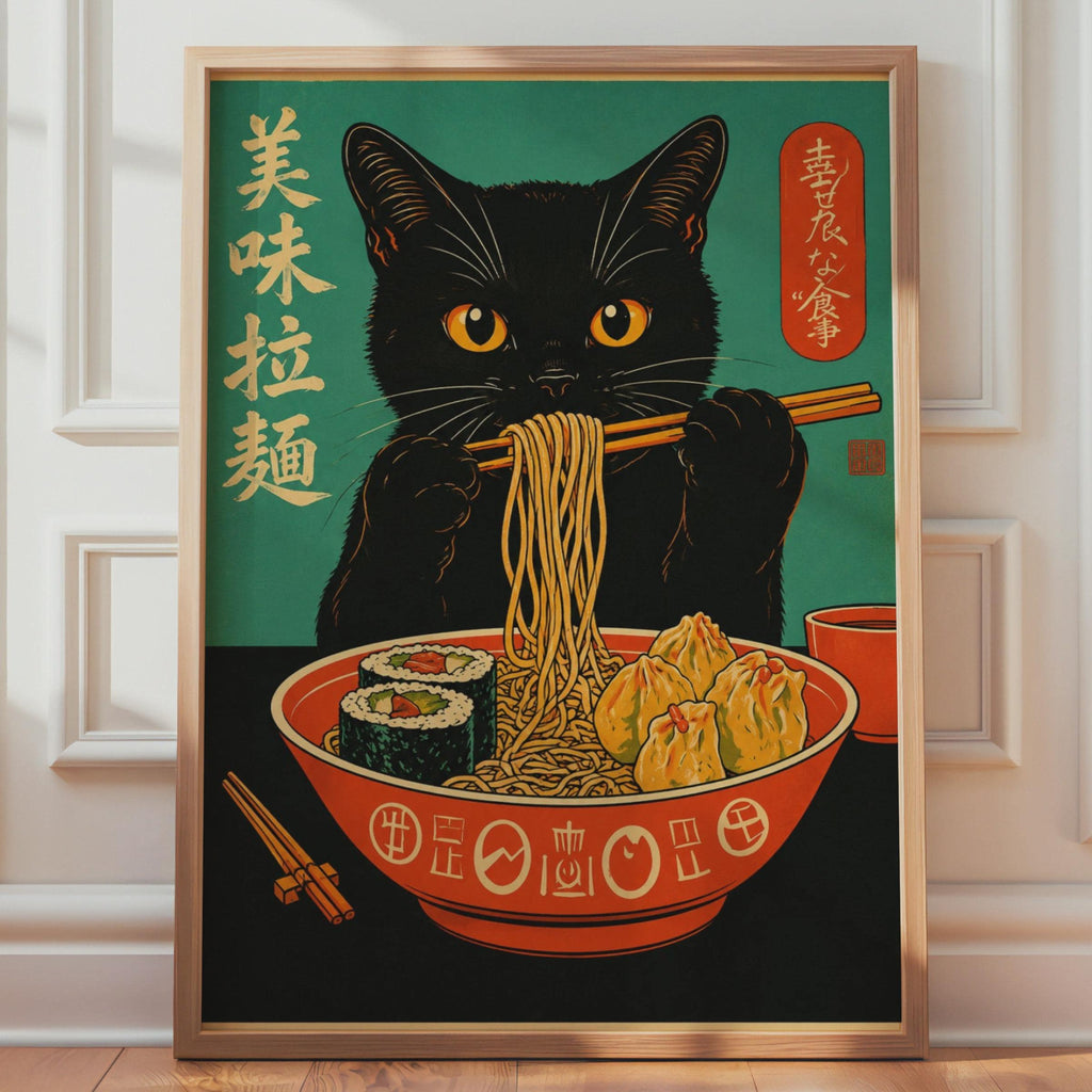 Black Cat Ramen Poster, Retro Asian Food Wall Art, Vintage Japanese Noodle Print