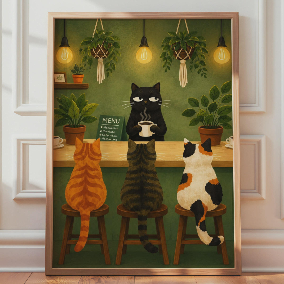 Cat Cafe Poster, Whimsical Black Cat Barista Art, Cosy Green Kitchen Print
