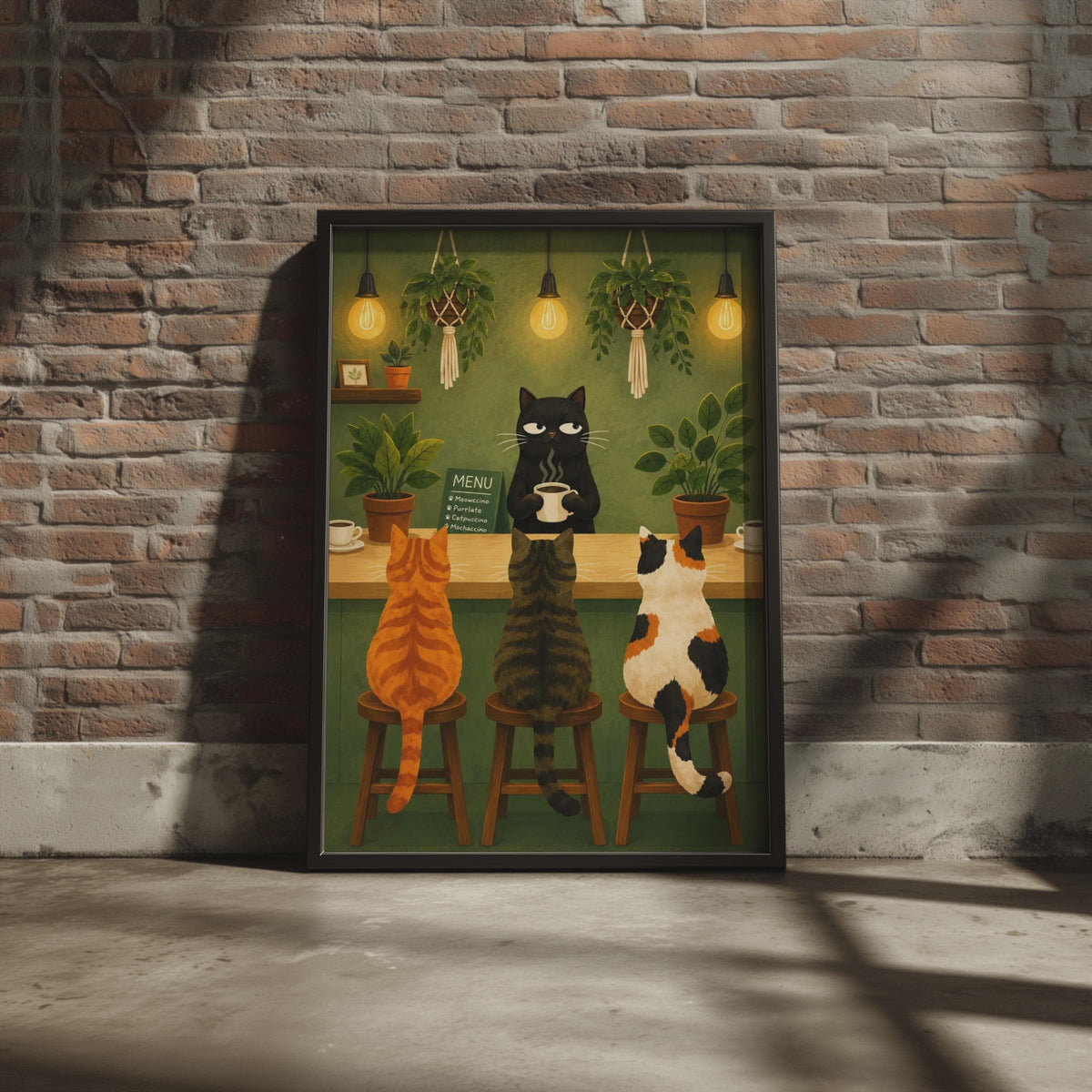 Cat Cafe Poster, Whimsical Black Cat Barista Art, Cosy Green Kitchen Print