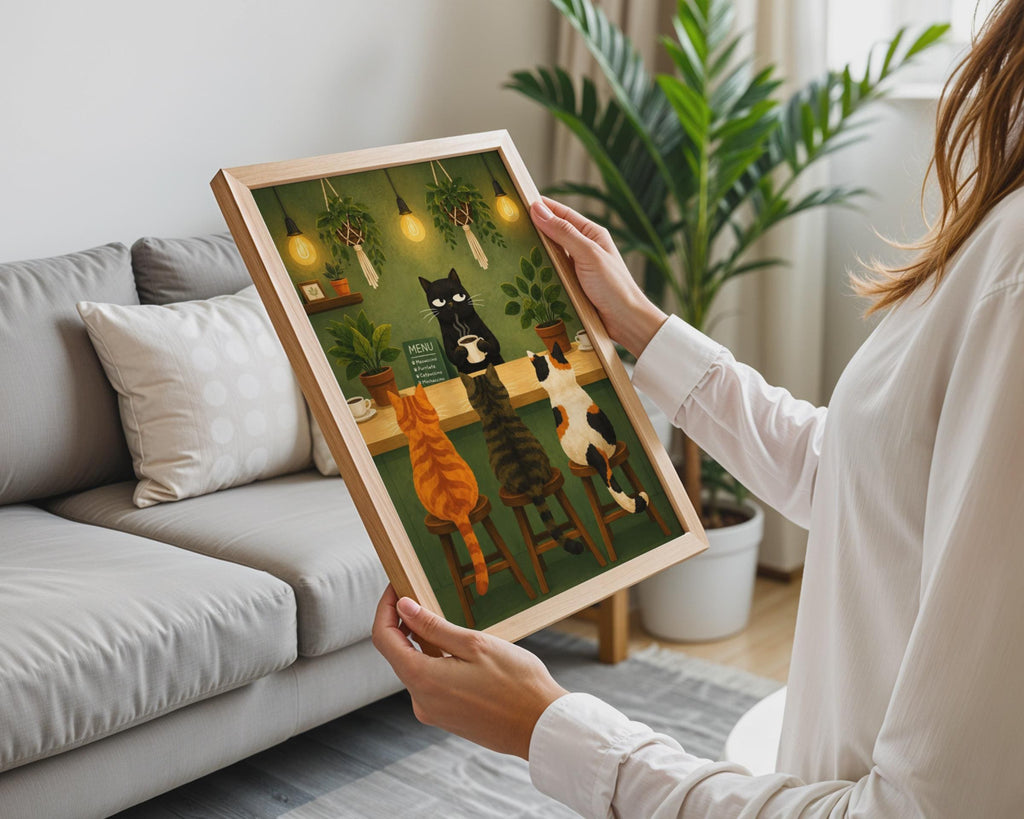 Cat Cafe Poster, Whimsical Black Cat Barista Art, Cosy Green Kitchen Print