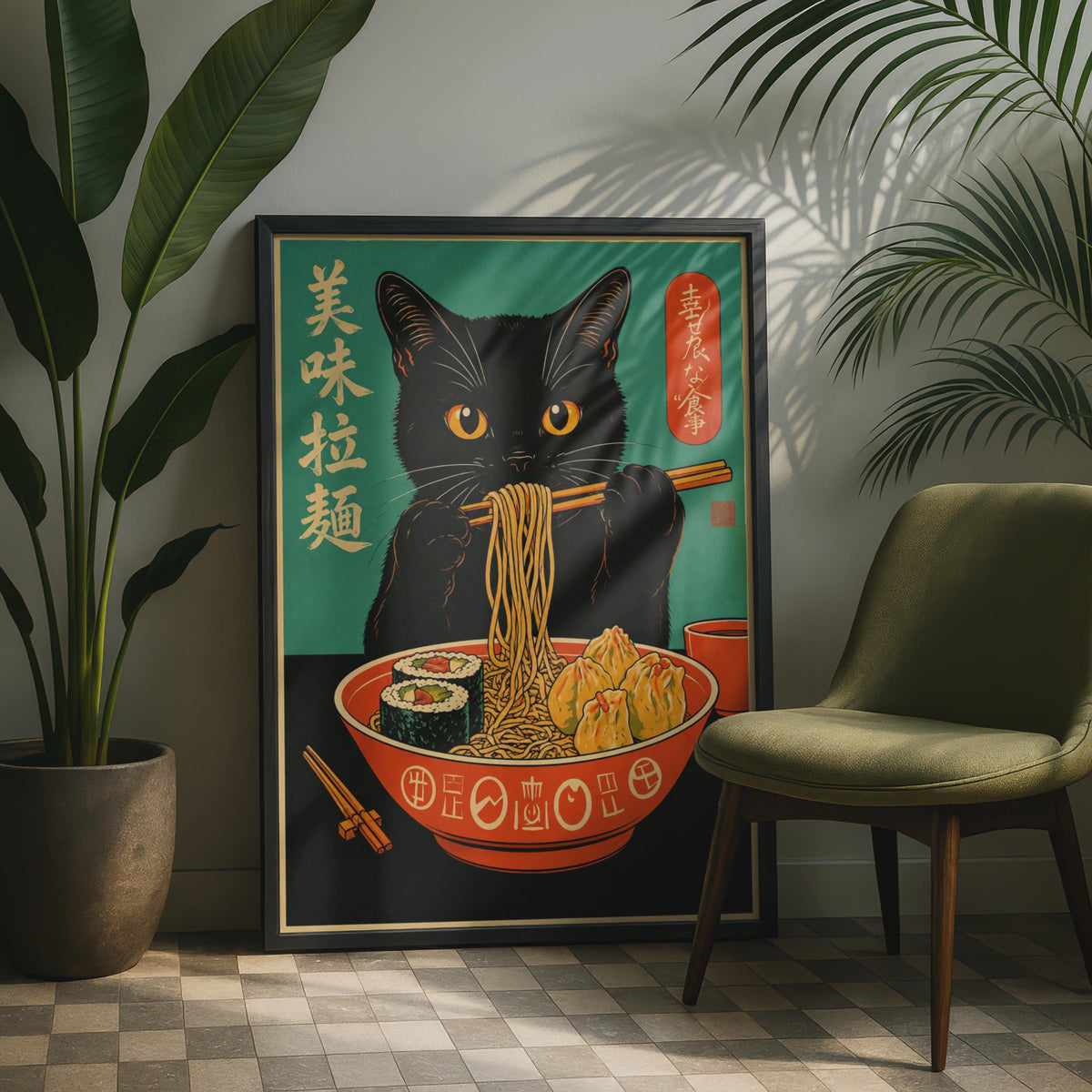 Black Cat Ramen Poster, Retro Asian Food Wall Art, Vintage Japanese Noodle Print