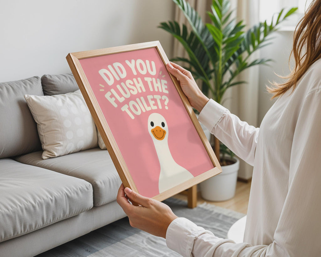 Funny Duck Bathroom Print, Pink Toilet Humour Wall Art