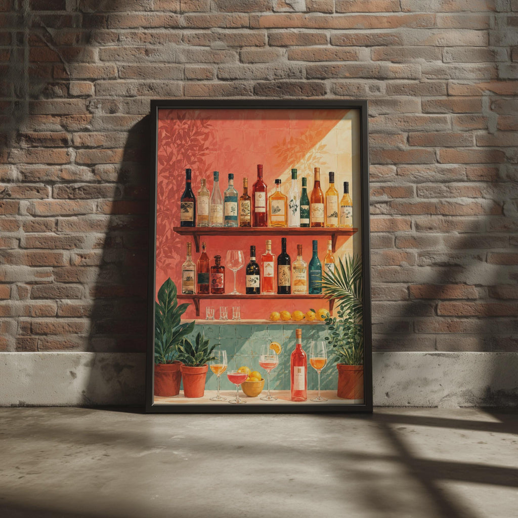 Bar Shelf Drinks Poster, Colorful Bottles, Tropical Plants, Maximalist Kitchen Art