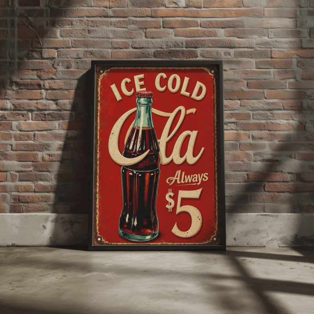 Ice Cold Cola Retro Tin Sign, Vintage Soda Bar Wall Art, Red Diner Print