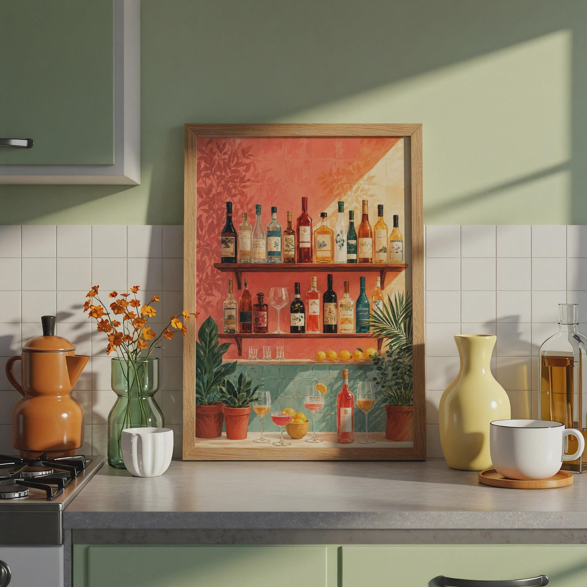 Bar Shelf Drinks Poster, Colorful Bottles, Tropical Plants, Maximalist Kitchen Art