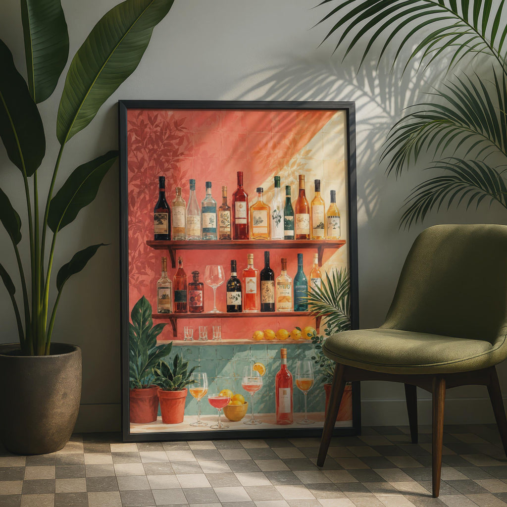Bar Shelf Drinks Poster, Colorful Bottles, Tropical Plants, Maximalist Kitchen Art