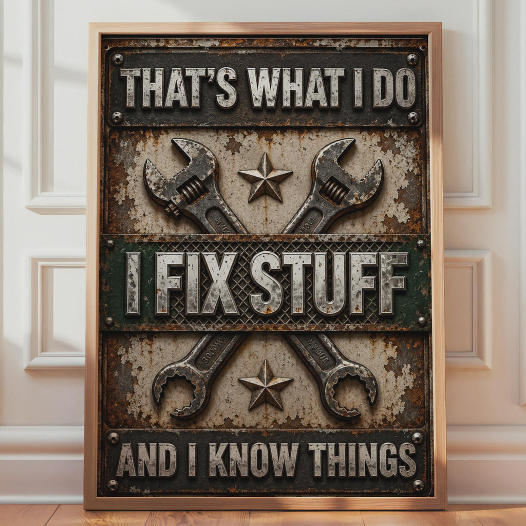 Mechanic Poster, I Fix Stuff And Know Things, Rustic Garage Wall Art Him