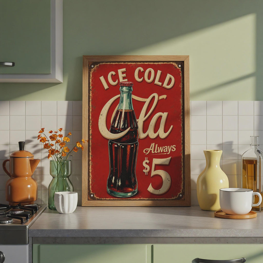 Ice Cold Cola Retro Tin Sign, Vintage Soda Bar Wall Art, Red Diner Print