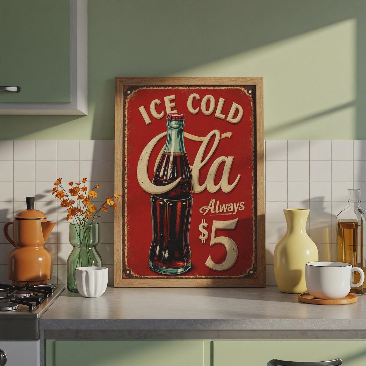 Ice Cold Cola Retro Tin Sign, Vintage Soda Bar Wall Art, Red Diner Print