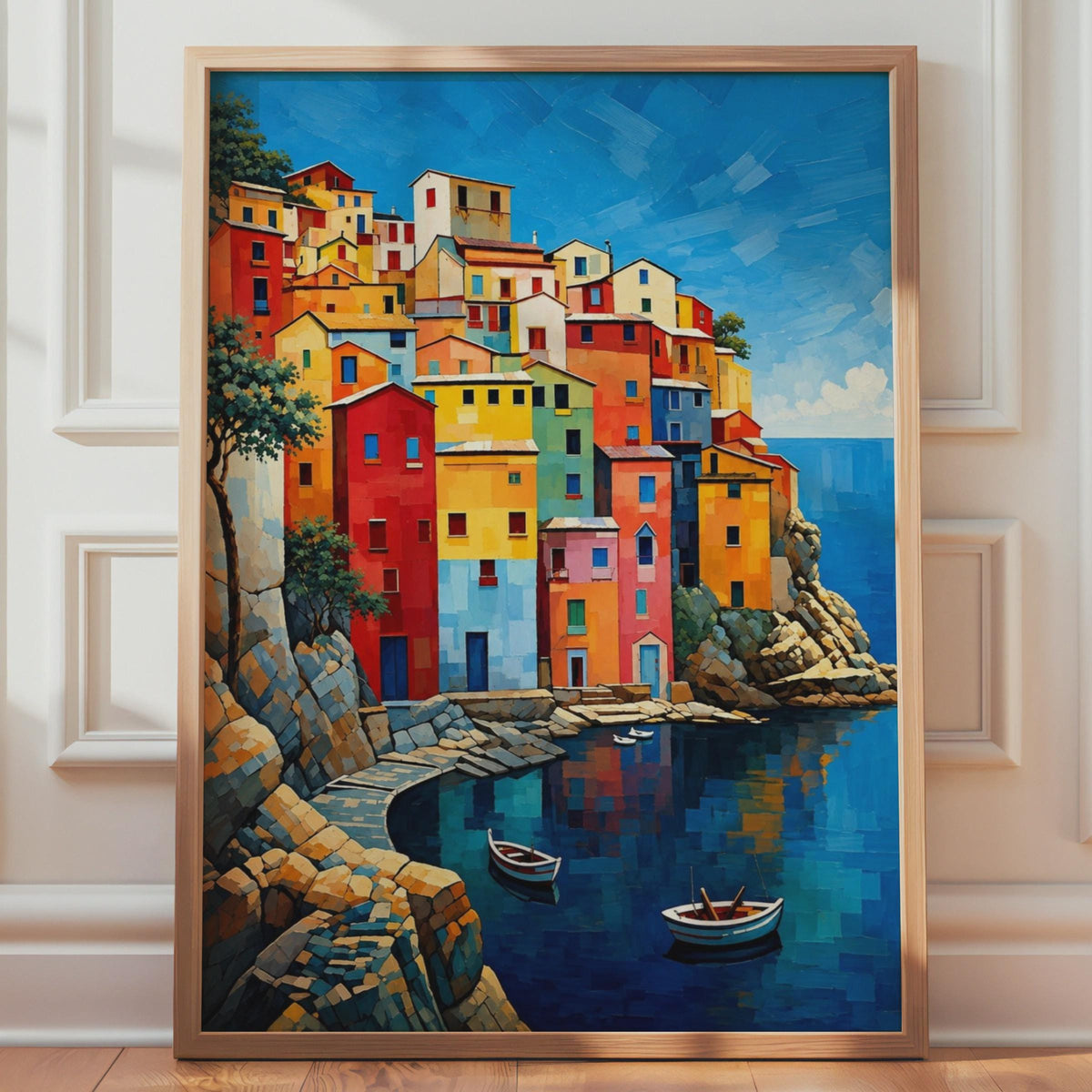 Cinque Terre Houses Print, Italian Coastal Village Wall Art, Mediterranean Sea View Poster