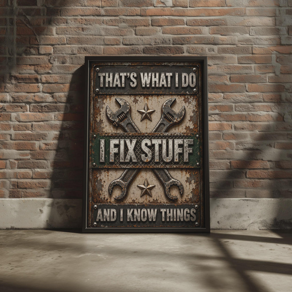 Mechanic Poster, I Fix Stuff And Know Things, Rustic Garage Wall Art Him