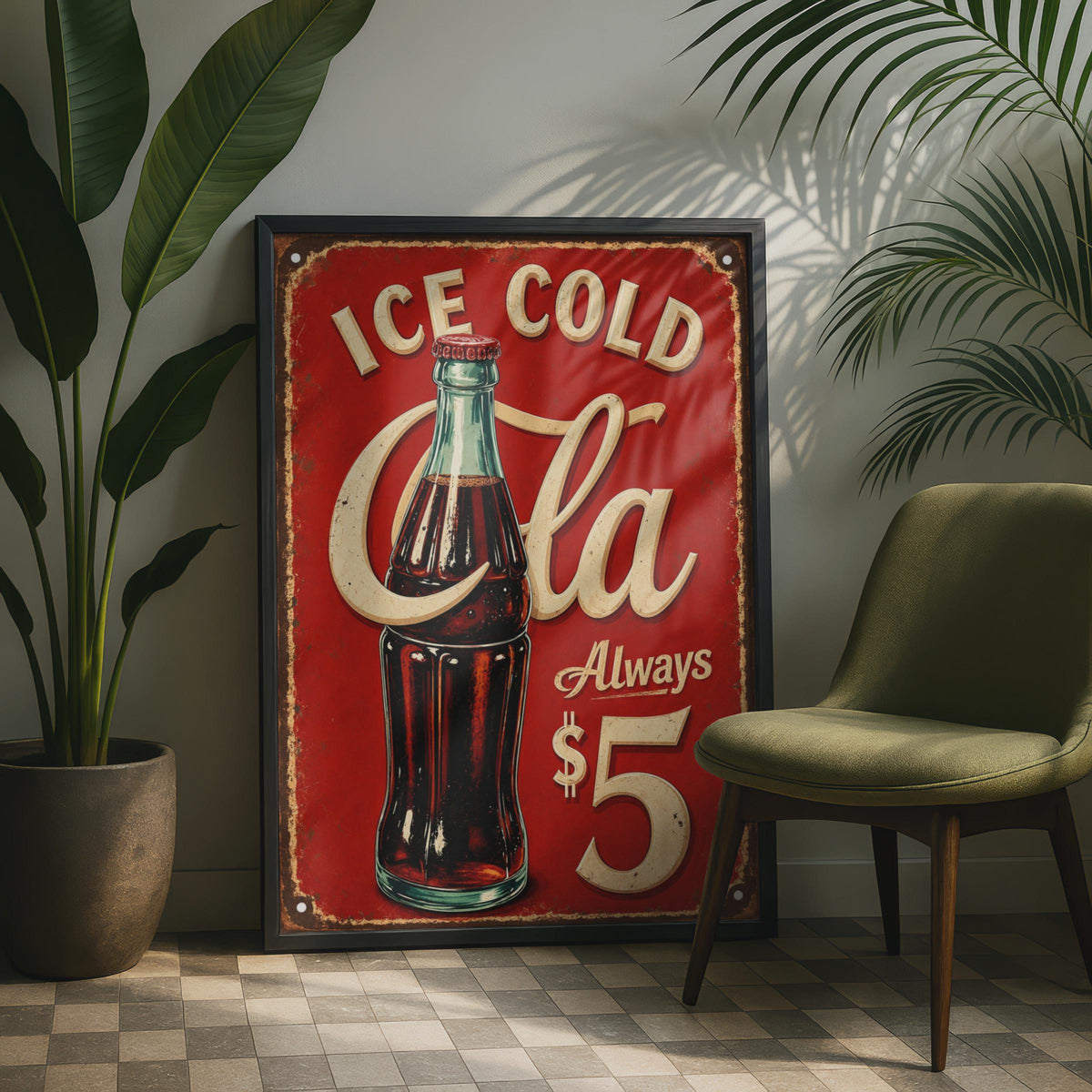 Ice Cold Cola Retro Tin Sign, Vintage Soda Bar Wall Art, Red Diner Print