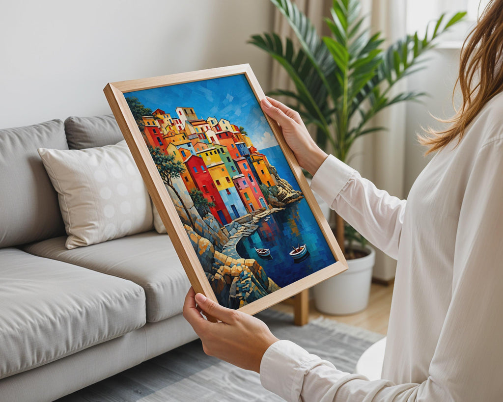 Cinque Terre Houses Print, Italian Coastal Village Wall Art, Mediterranean Sea View Poster