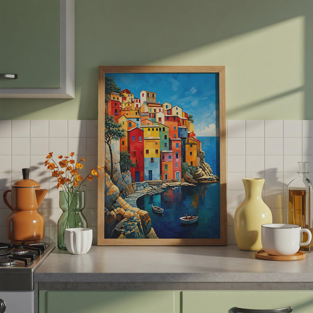 Cinque Terre Houses Print, Italian Coastal Village Wall Art, Mediterranean Sea View Poster