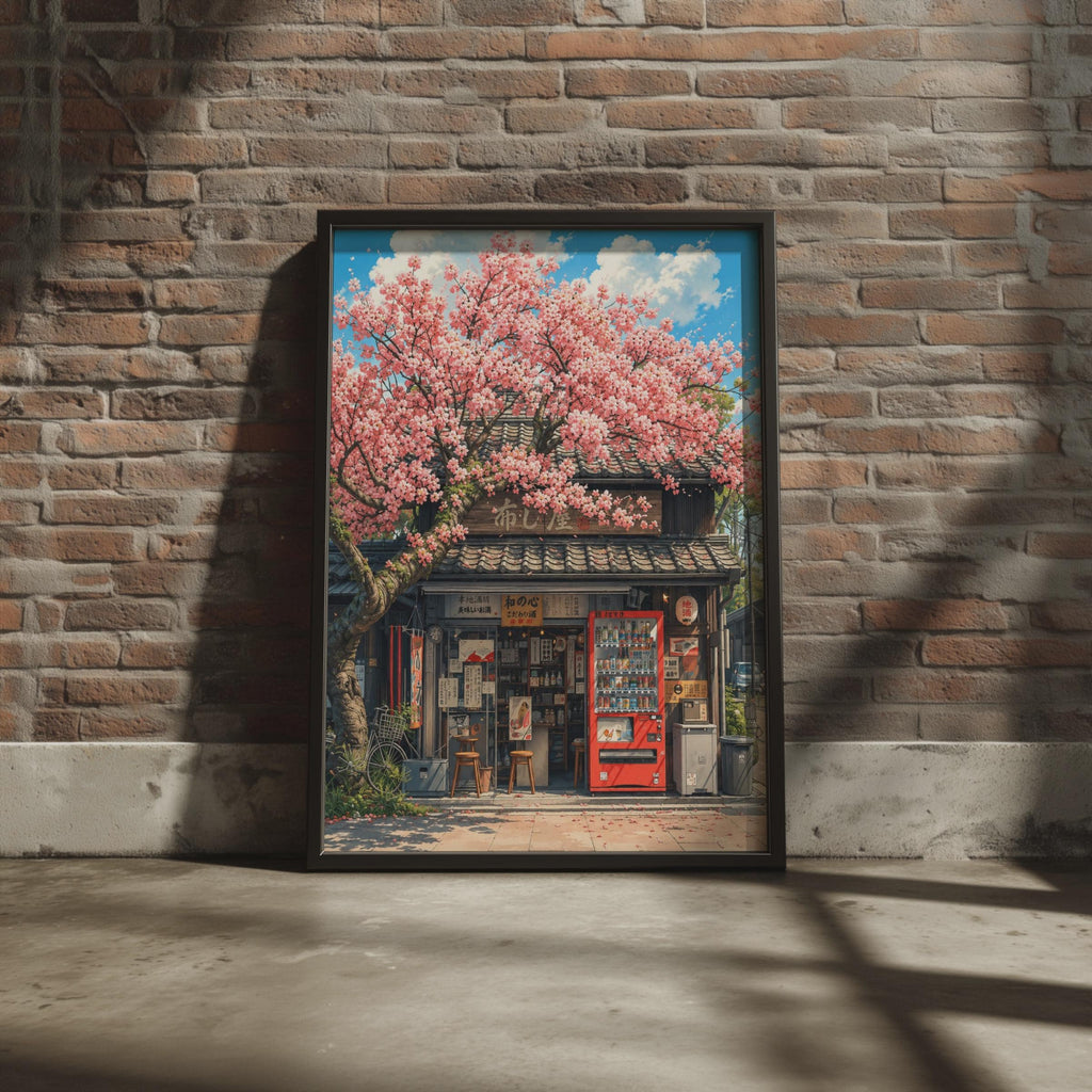 Japanese Cherry Blossom Shop Poster, Anime Style Street Scene Wall Art Print
