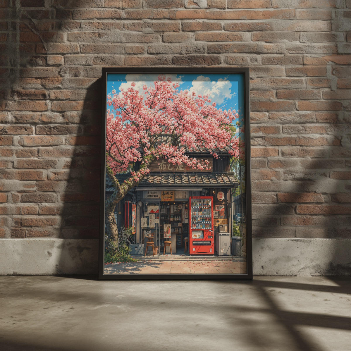 Japanese Cherry Blossom Shop Poster, Anime Style Street Scene Wall Art Print