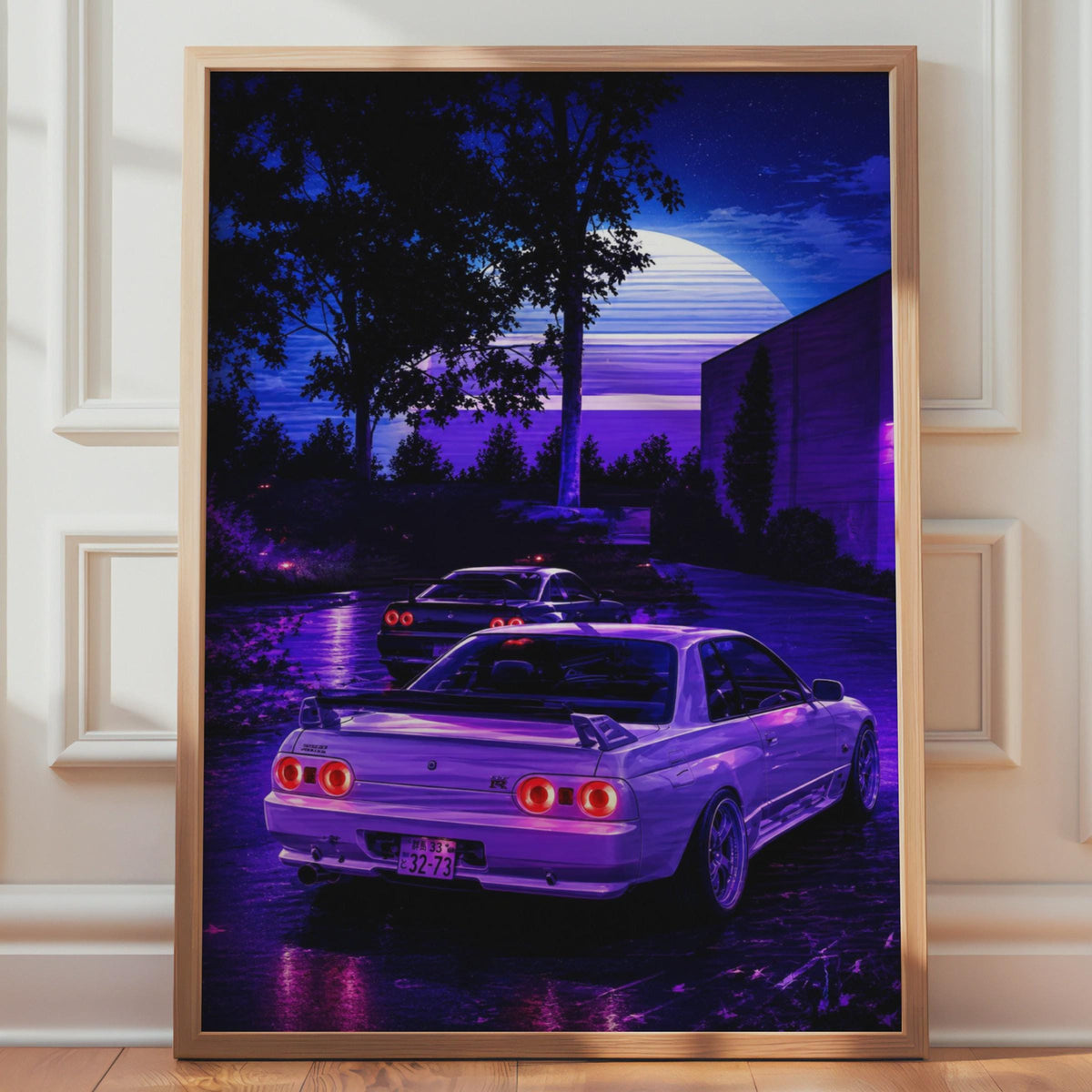 Nissan Skyline GTR R32 Poster, JDM Night Scene Print, Retro Synthwave Wall Art Print