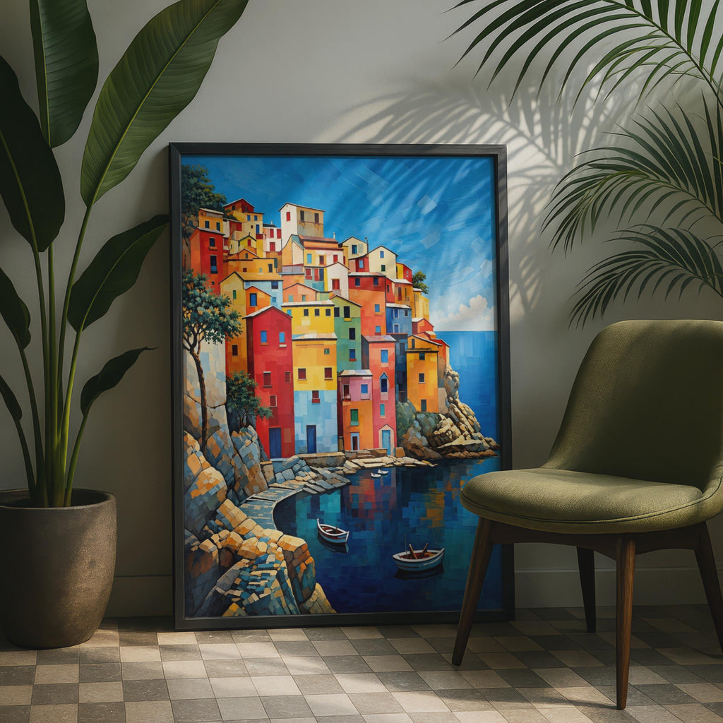 Cinque Terre Houses Print, Italian Coastal Village Wall Art, Mediterranean Sea View Poster