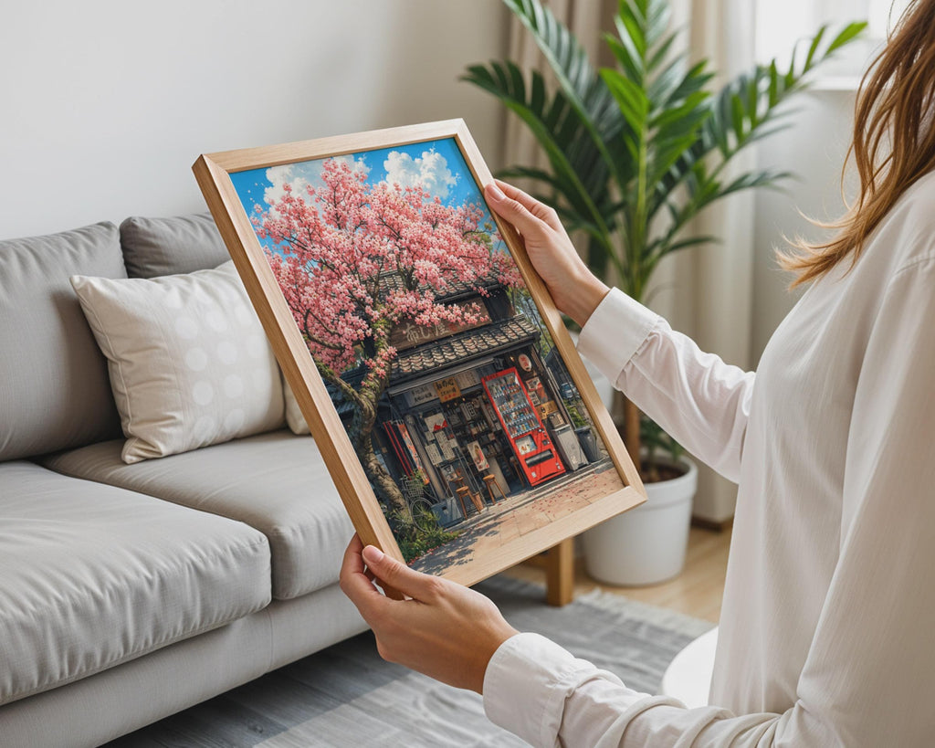 Japanese Cherry Blossom Shop Poster, Anime Style Street Scene Wall Art Print