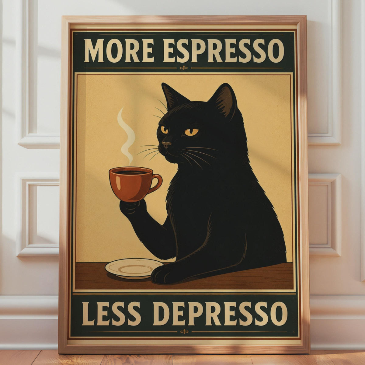 Black Cat Espresso Poster, Retro Kitchen Wall Art, Mid-Century Feline Print