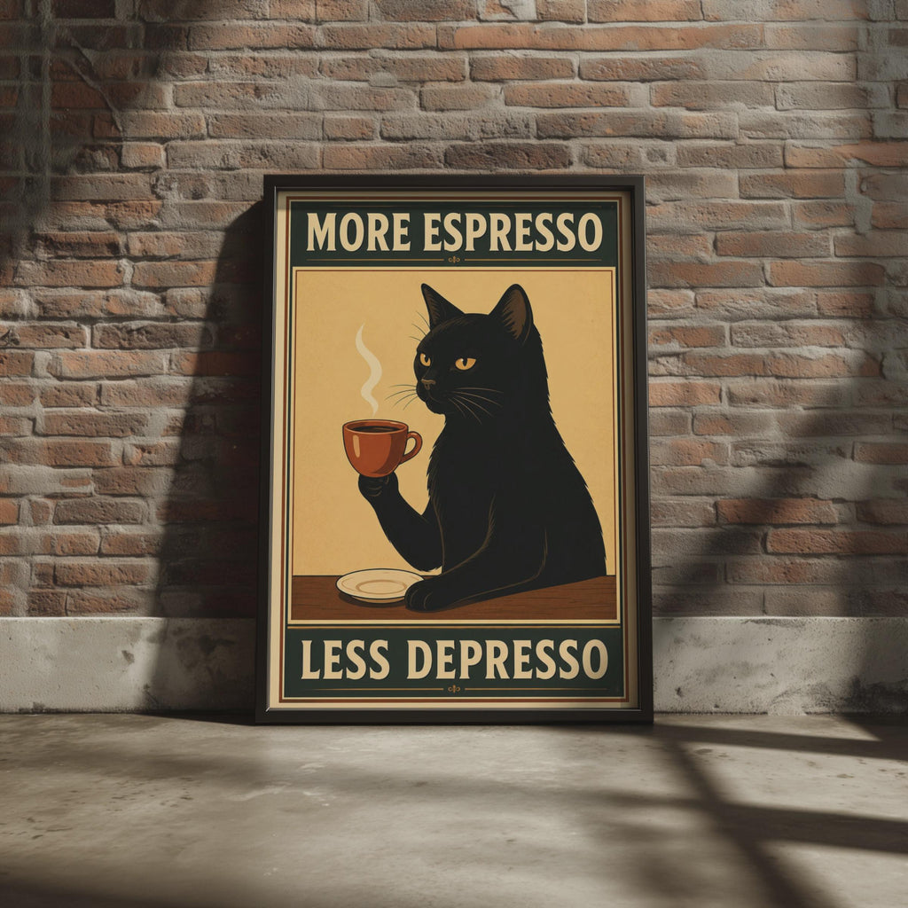 Black Cat Espresso Poster, Retro Kitchen Wall Art, Mid-Century Feline Print