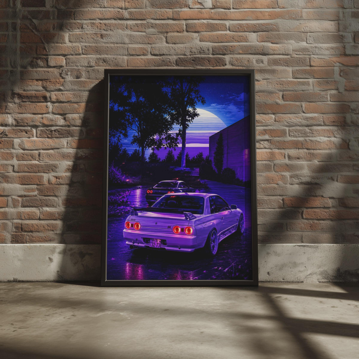 Nissan Skyline GTR R32 Poster, JDM Night Scene Print, Retro Synthwave Wall Art Print