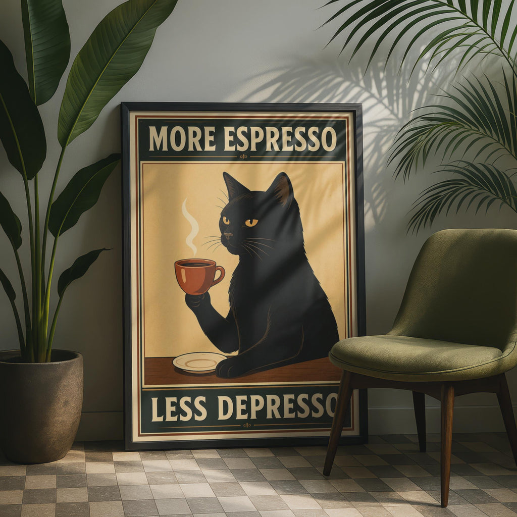 Black Cat Espresso Poster, Retro Kitchen Wall Art, Mid-Century Feline Print