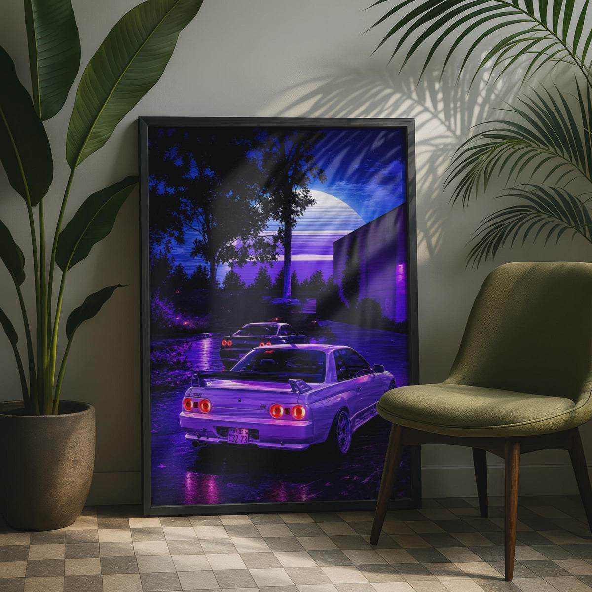 Nissan Skyline GTR R32 Poster, JDM Night Scene Print, Retro Synthwave Wall Art Print