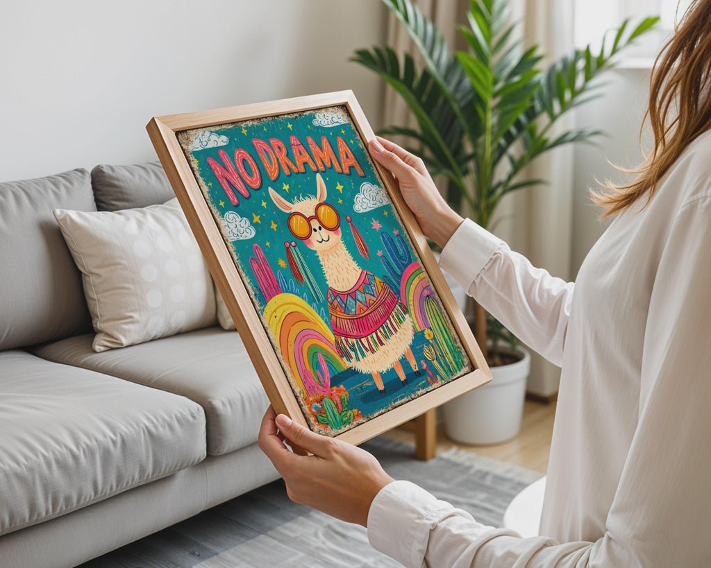 No Drama Llama Poster, Retro Cactus Boho Wall Art, Sunglasses Llama Print