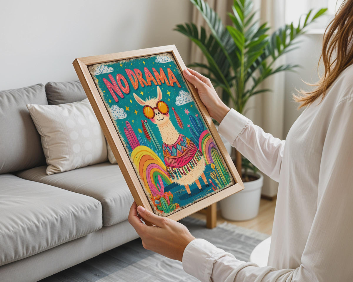No Drama Llama Poster, Retro Cactus Boho Wall Art, Sunglasses Llama Print