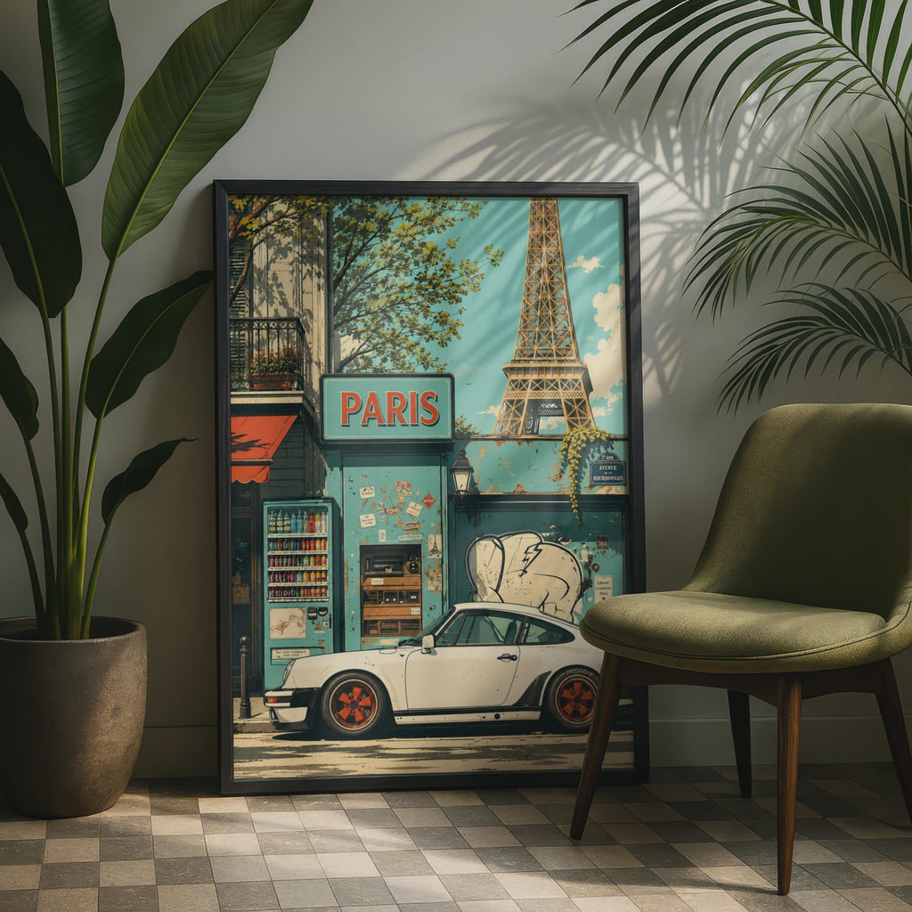 Porsche 911 Paris Poster, Eiffel Tower Retro Car Print, Vintage Street Scene Print