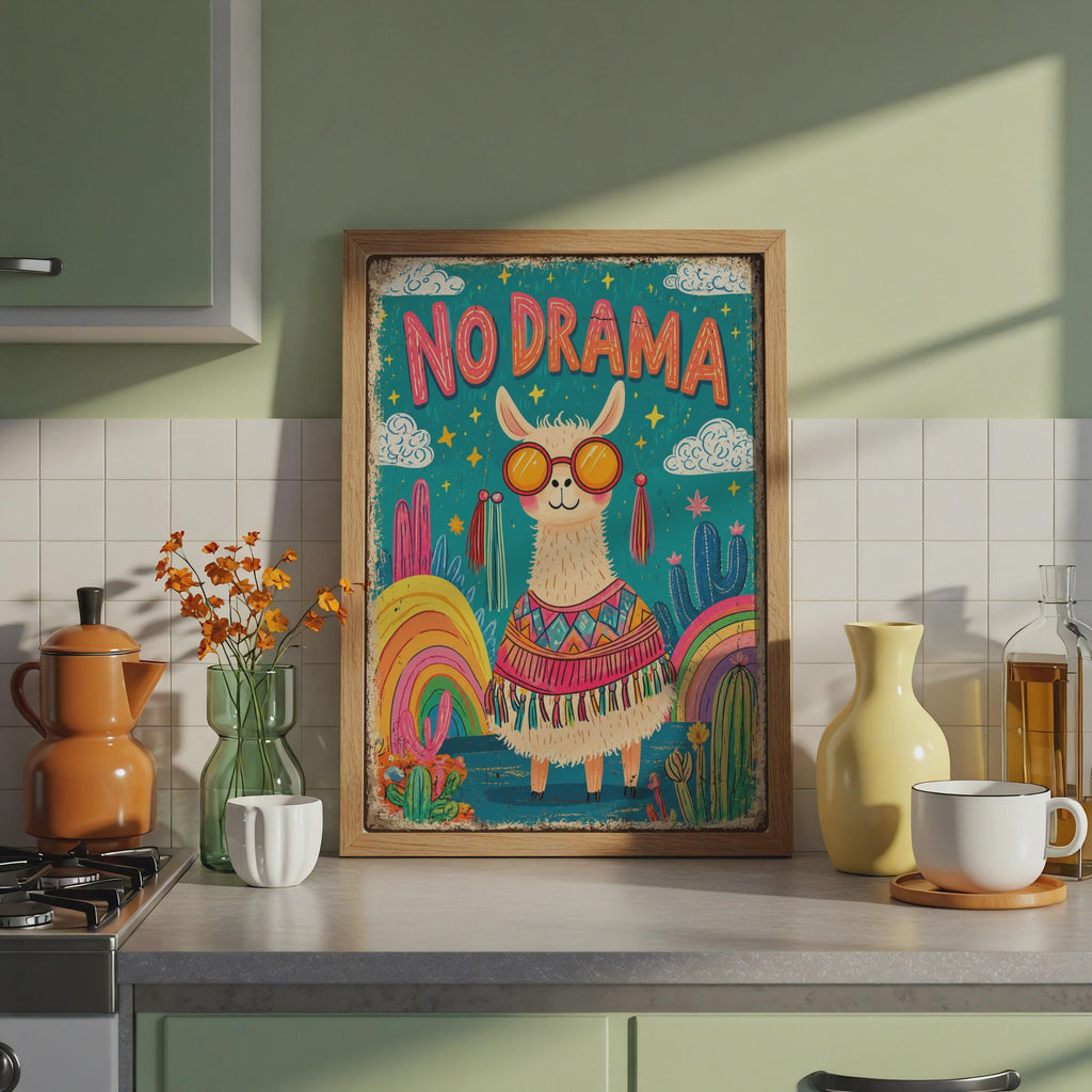 No Drama Llama Poster, Retro Cactus Boho Wall Art, Sunglasses Llama Print