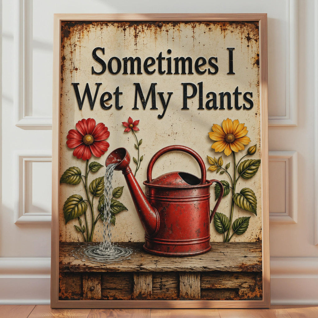 Sometimes I Wet My Plants Poster, Vintage Rustic Floral Garden Art (Print)