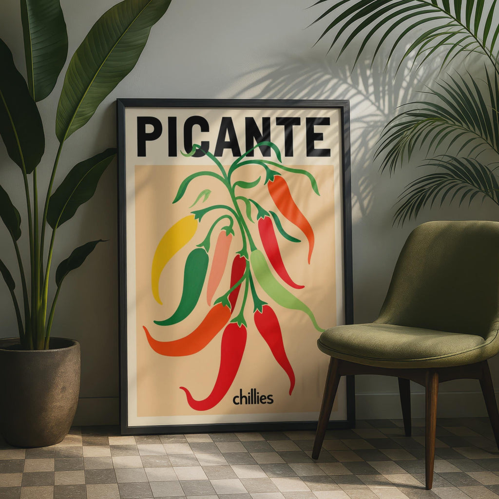 Picante Chillies Print, Retro Food Poster, Colourful Kitchen Wall Art Print